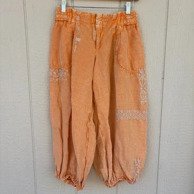 Pantalones de paracaídas bordados por Anthropologie mezcla de lino boho mango mojito XS Foto 1 de 4