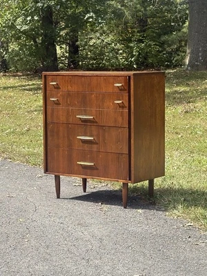 Mid Century Modern Dresser Highboy 5 Drawer Walnut Vega by Morris Trim Vintage - Image 1 of 4