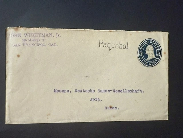 Почтовый конверт США Scott U418 5 центов б/у 1909 от Apia со скудным Paquebot HS - Изображение 1 из 1