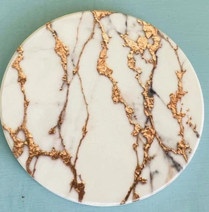 6 New Gold Accent Color Coasters With Cork Backing Marble Look - Picture 1 of 7