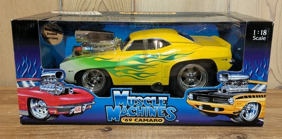 Muscle Machines 1/18 Scale '69 Chevrolet Camaro Yellow W/ Green Flames NIB - Image 1 of 4