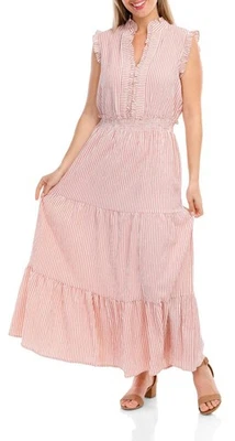 Maxi Vestido London Times Talla 8 Niveles Cintura Calada Sin Mangas Rayas Nuevo con Etiquetas $15 Foto 1 de 4