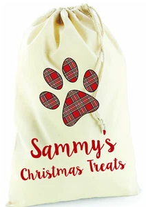 Personalised Tartan Cat Dog Pet Santa Sack Cotton Canvas Toy Bag Xmas Stocking - Picture 1 of 11