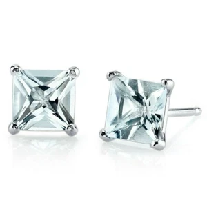 1.71 ct Princess Cut Blue Aquamarine Stud Earrings in 14K White Gold - Picture 1 of 5