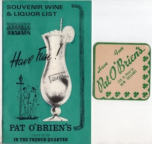Pat O'Brien's Vintage 1970's Wine Liquor List Menu + Drink Coaster OLD Original - Picture 1 of 5