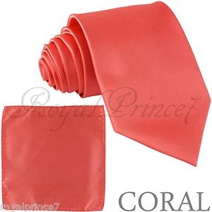 New Men's Solid Self tie Neck Tie Necktie And Pocket Square Hankie Prom Coral - Picture 1 of 1