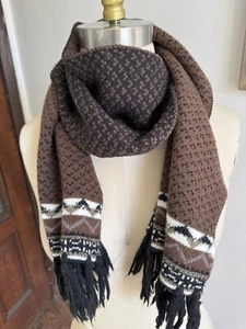Vintage Scarf Brown, Black, White, Gray Thick Knit Long Black Fringe 10”W X 56L” - Picture 1 of 6