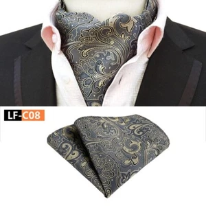 Classic Men's Ascot Cravat Tie Silk Paisley Gray Silver Scarves Cravat Hanky Set - Picture 1 of 1