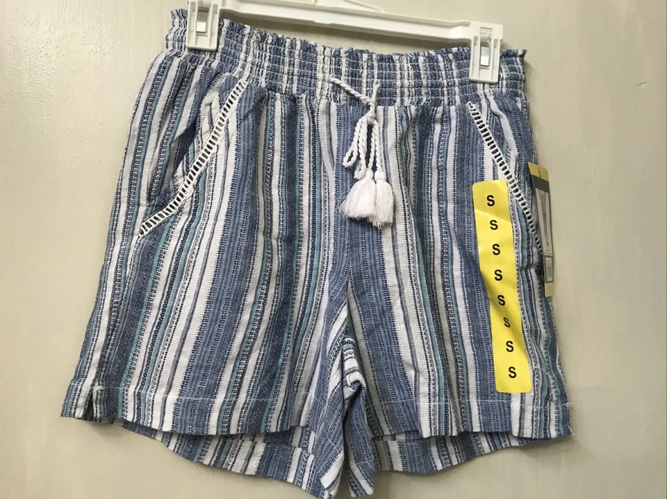 Briggs Women's Linen Blend Pull-On Shorts with Pockets Blue Stripe Small