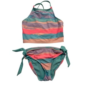 Justice Girls Swimsuit Set Striped 2 Piece Tie Side Size 8 Fun colors!! - Picture 1 of 9