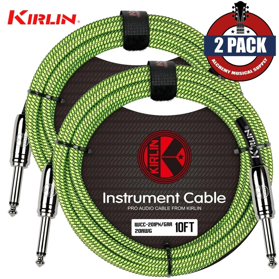 PACK de 2 cables de guitarra/bajo Kirlin de 10 pies 1/4" rectos tejidos verdes con brida de cable Foto 1 de 1