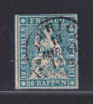 Switzerland Scott 37 Used 1858 10r Blue Imperf Sitting Helvetia Green Thread - Image 1 of 2