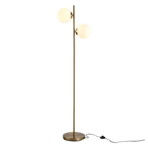 HOMCOM 2-Glass Shade Floor Lamp, Metal Pole, Gold, Floor Switch , Refurbished - Picture 1 of 11