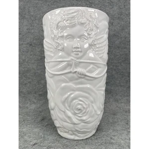 1970s Italian Cherub White Vase 3D Roses Art Pottery Made In Italy 7778/21 - Picture 1 of 6