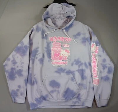 Sanrio Hello Kitty Strawberry Milk Hoodie Hooded Sweatshirt Lg Lavender Tie Dye - Image 1 of 4