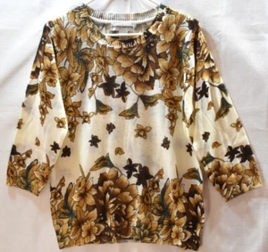 Medium Cathy Daniels SWEATER Dark Browns Beige Flowers Sequin Glitter 3/4 Sleeve - Picture 1 of 6
