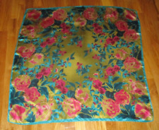 Turquoise Blue Fuchsia Pink Green Floral  100% Charmeuse Silk Square Scarf 32"