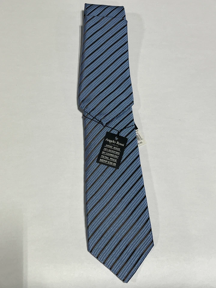 Corbata azul Angelo Rossi para hombre con rayas negras y cuadrado de bolsillo a juego NUEVA Foto 1 de 3