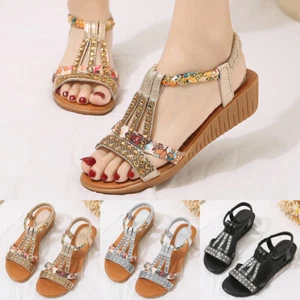 Womens Comfy Strappy Sandals Elastic Ladies Summer Open Toes Bling Shoes Size - Picture 1 of 19