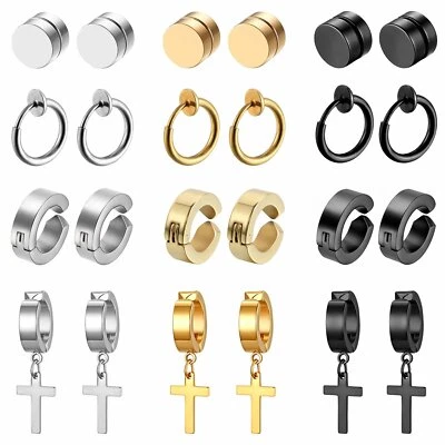 12 Pairs Stainless Steel Magnetic Non-Piercing Studs Cross Dangle Hoop Earrings - Image 1 of 4
