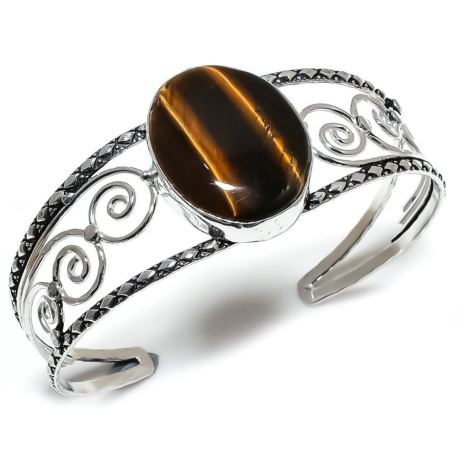Brazalete de plata de ley 925 hecho a mano con piedras preciosas ojo de tigre tamaño 7-8" Foto 1 de 1