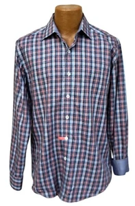 BUGATCHI UOMO Shaped Fit Flip Cuff Red Blue Plaid Cotton Button Shirt Men Medium - Picture 1 of 3