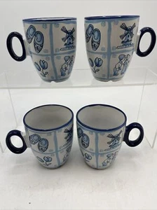 Holland Dutch Espresso Coffee Mug Set of 4 Blue White windmill Netherlands - Picture 1 of 9