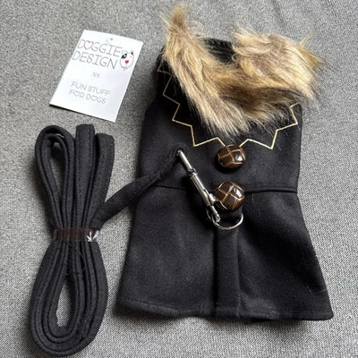 Abrigo de lana Chevron negro arnés de diseñador con correa negra diseño perrito talla XS Foto 1 de 4