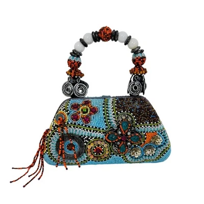 Mary Frances Vintage Beaded Bag Hard Shell Top Handle Clutch Blue Multicolor  - Image 1 of 4