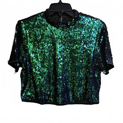 Allegra K Green And Blue Sequin Sequin Crop Top M - Image 1 of 4