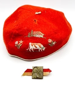 Vintage Felt Embroidered SWITZERLAND Hat Beanie & 1951 Swiss National Day Pin! - Picture 1 of 11