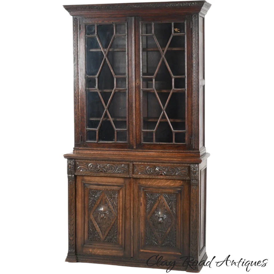 Antique carved oak bookcase lion heads north wind face 2pc 1890 Victorian Horner - Image 1 of 4