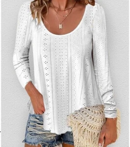 Long Sleeve Shirt Eyelet Basic Tees Casual Flowy Crewneck Blouse, White, Medium - Picture 1 of 4