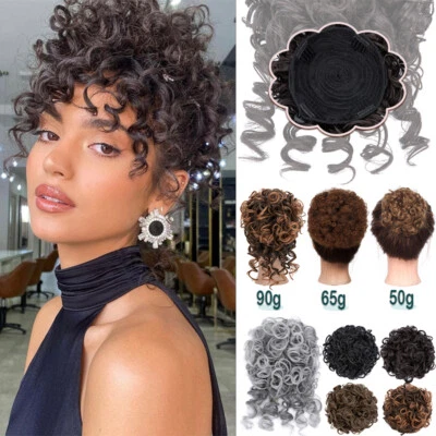 Afro Kinky Curly As Human Hair Clip In Short Ponytail Bun + Bangs Black Women US - Image 1 of 4