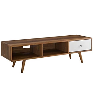 55" Mid Century Modern LED LCD DLP HD Walnut & White Low Profile TV Stand Media - Picture 1 of 4