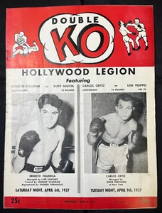 1957 CARLOS ORTIZ vs LOU FILIPPO 2 Double KO Boxing Program HOLLYWOOD LEGION - Picture 1 of 7