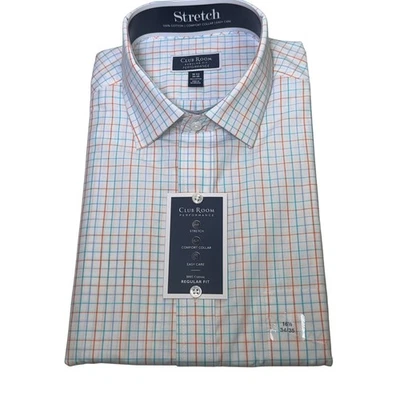 Camisa de vestir Club Room para hombre calce regular a cuadros naranja aguamarina 16,5 34-35 $60 Foto 1 de 4