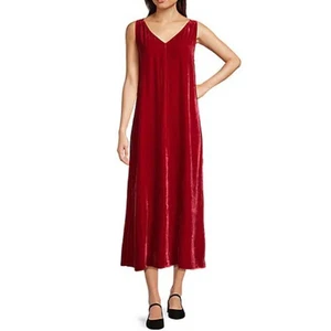 Eileen Fisher Velvet Dress Midi V Neck Sleeveless Minimalist Ruby Red Large NWT - Picture 1 of 7
