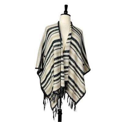 Kensie Suéter Cárdigan Tejido Poncho Flecos Dobladillo Gris Crema Rayas Mujer Talla Única Foto 1 de 4