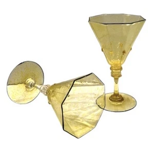2 Pc Antique Salviati Pauly Venetian Glass Octagonal Stemware Yellow Aventurine - Picture 1 of 19