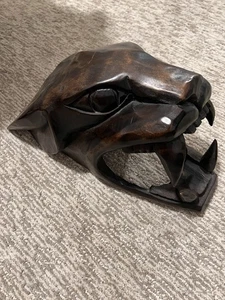 Massivholz große handgeschnitzte dunkelbraune große Katze Jaguar Puma Kopf Skulptur - Bild 1 von 8