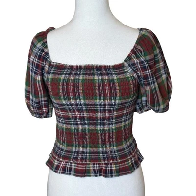 Top corto American Eagle para mujer a cuadros cuello cuadrado calado pequeño patrimonio navideño Foto 1 de 4