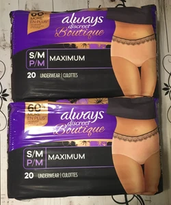 Always Discreet Boutique Underwear 2- 20 Ct Pack Size S/M Maximum Protection - Picture 1 of 1