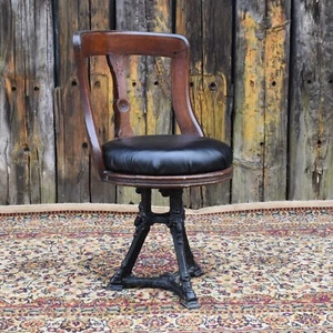 Antique Steamer Ship Mahogany Cast Iron Dining Room Swivel Desk Library Chair - Picture 1 of 15