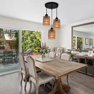 Industrial 3-Light Rattan Pendant Light for Kitchen Island Dining Room Bedroom - Picture 1 of 10