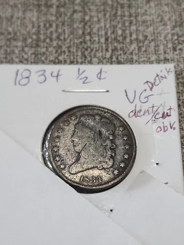 1834 Classic Head Half Cent VG Details Dent/Cut Obv Cover
