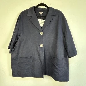 J. Jill Womens XL Ink Blue Silk & Cotton Textured Jacket Two-Button Pockets New - Picture 1 of 9