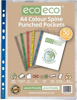 eco eco A4 Coloured Spine Multi Punched Pockets 100% Recycled X 50 Home Office