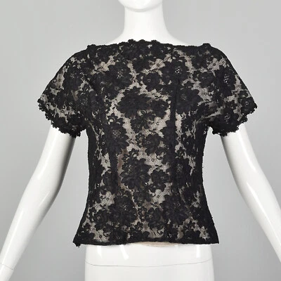 Blusa S Negra Top Años 90 Floral Encaje Manga Corta Desnudo Ilusión Formal Años 90 De Colección Foto 1 de 4