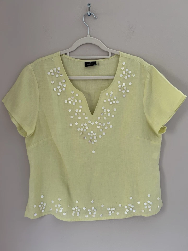 Dolina Womens Linen Top Size 16 Lime Green Shells Sleeveless Summer Holiday - Image 1 of 4
